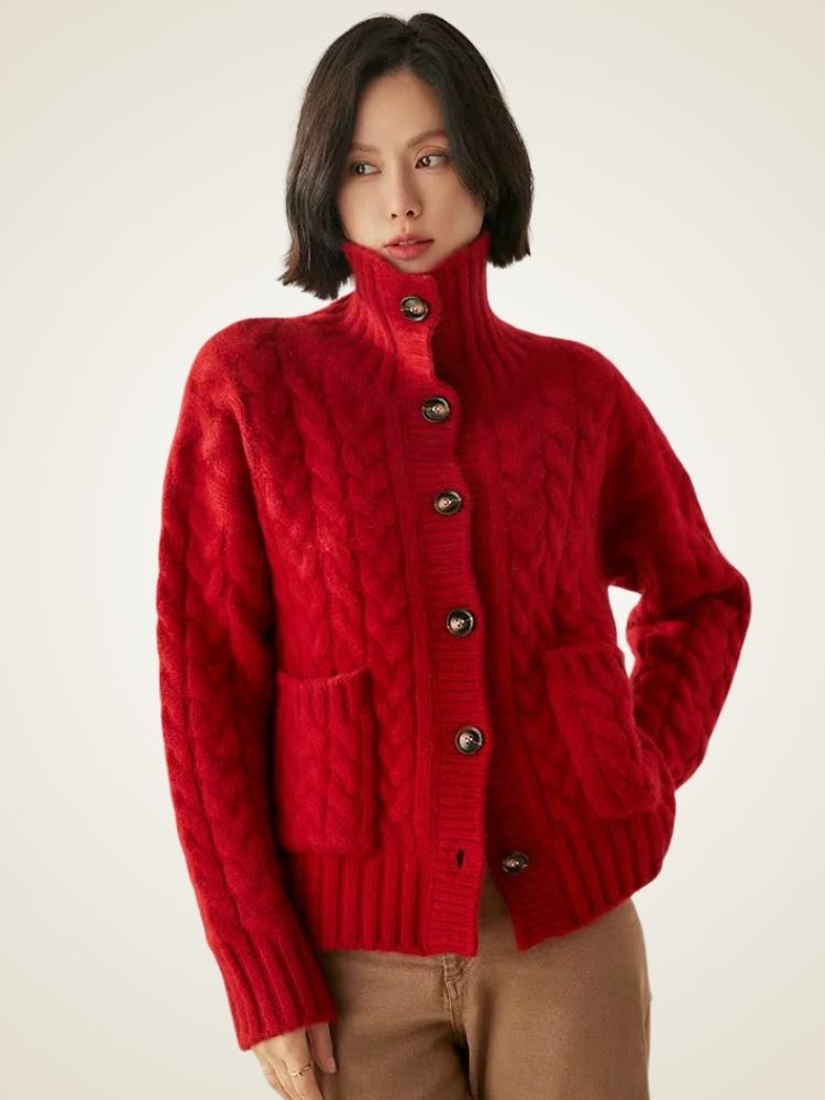 Laura - Red Cable Knit Cashmere Cardigan | The Cashmere Studio