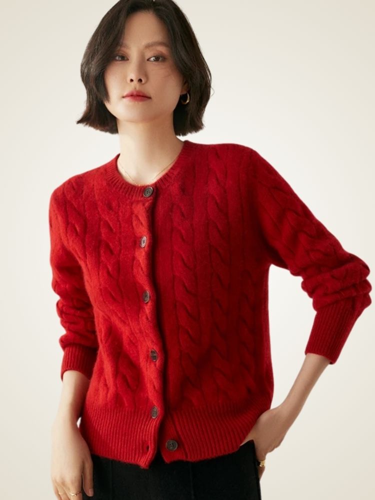 Faith - Red Cable Knit Cashmere Cardigan | The Cashmere Studio