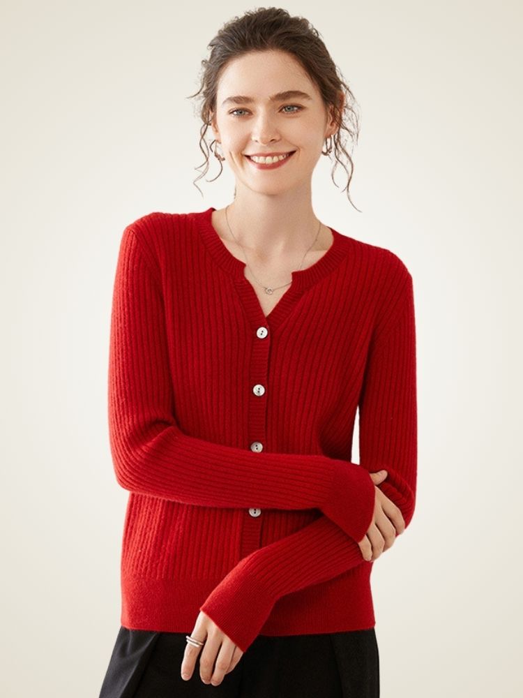 Delphie - Red Ribbed Cashmere Cardigan | The Cashmere Studio