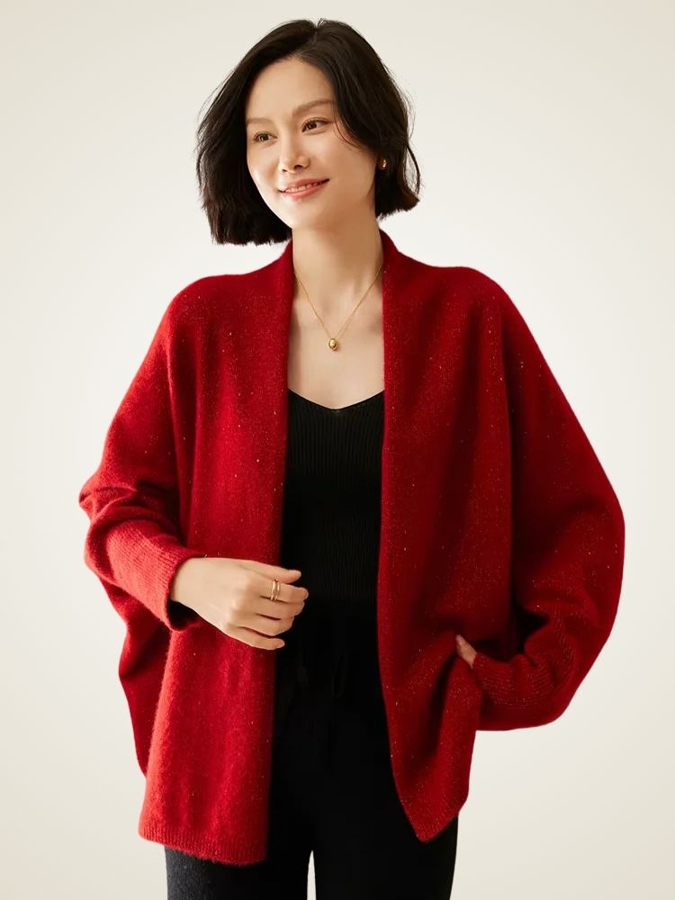 Zoey - Red Open Front Cashmere Cardigan | The Cashmere Studio