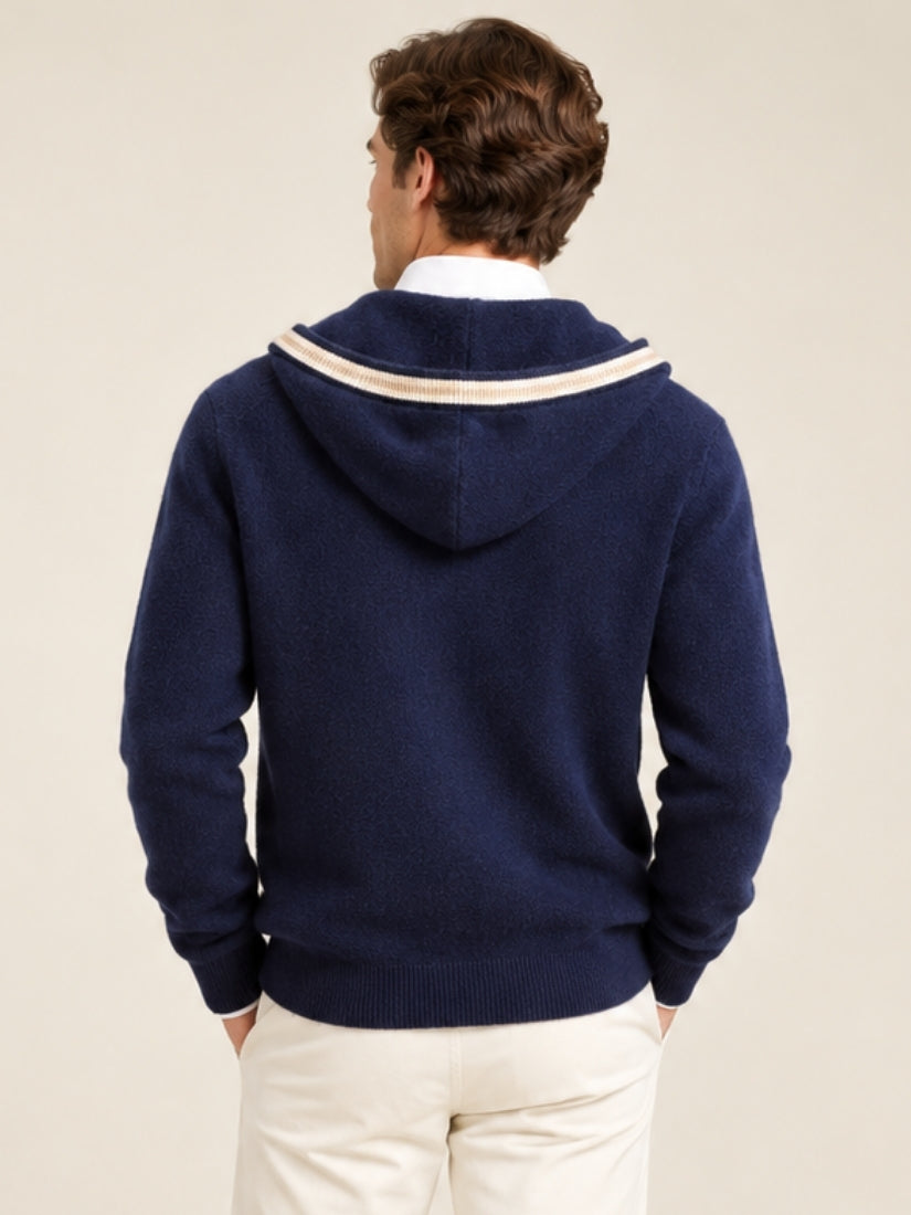 Riven — Navy Contrast-Trim Hooded Zip Cashmere Cardigan | The Cashmere Studio