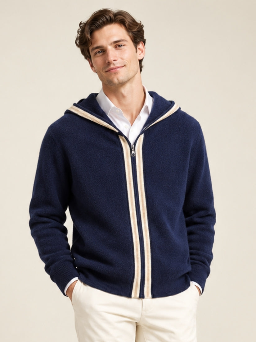 Riven — Navy Contrast-Trim Hooded Zip Cashmere Cardigan | The Cashmere Studio