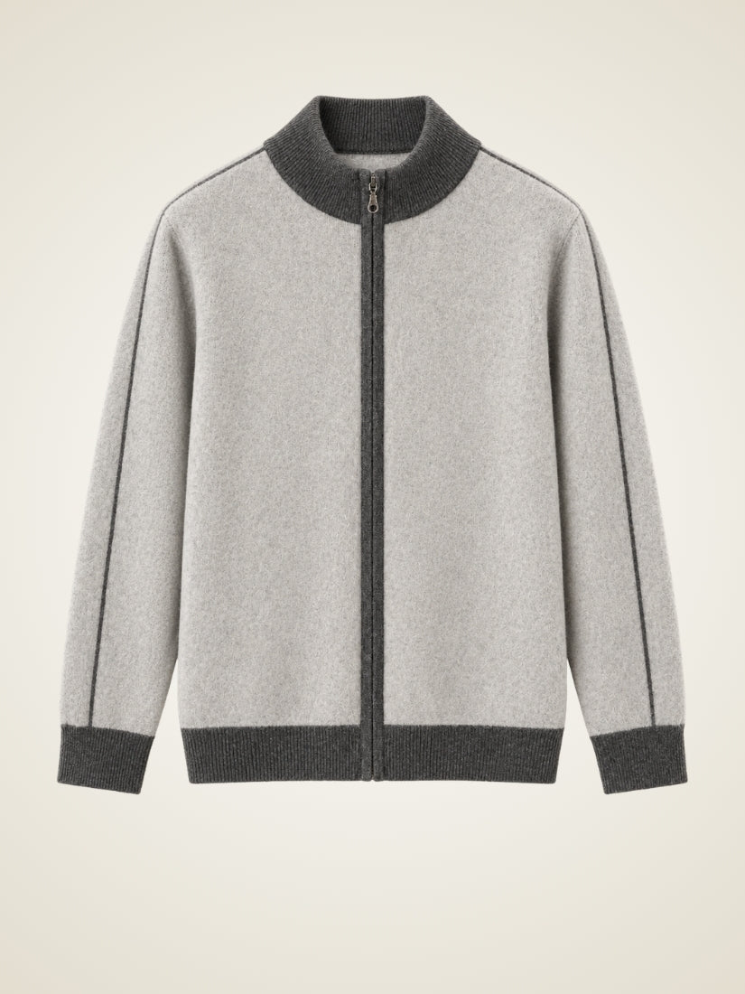 Ronan — Light Gray Contrast-Trim Zip Cashmere Cardigan | The Cashmere Studio