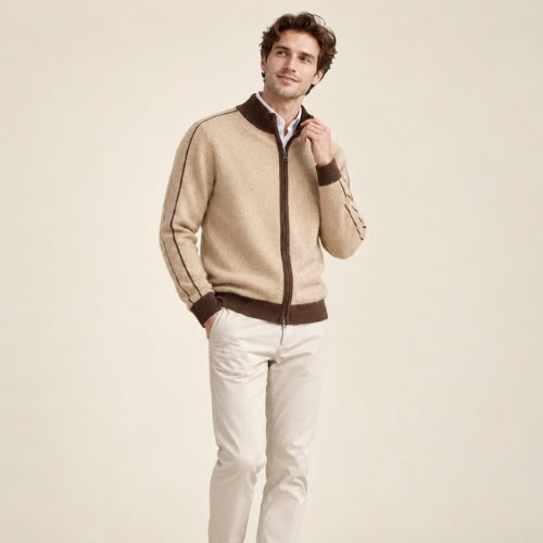 Ronan — Beige Contrast-Trim Zip Cashmere Cardigan | The Cashmere Studio