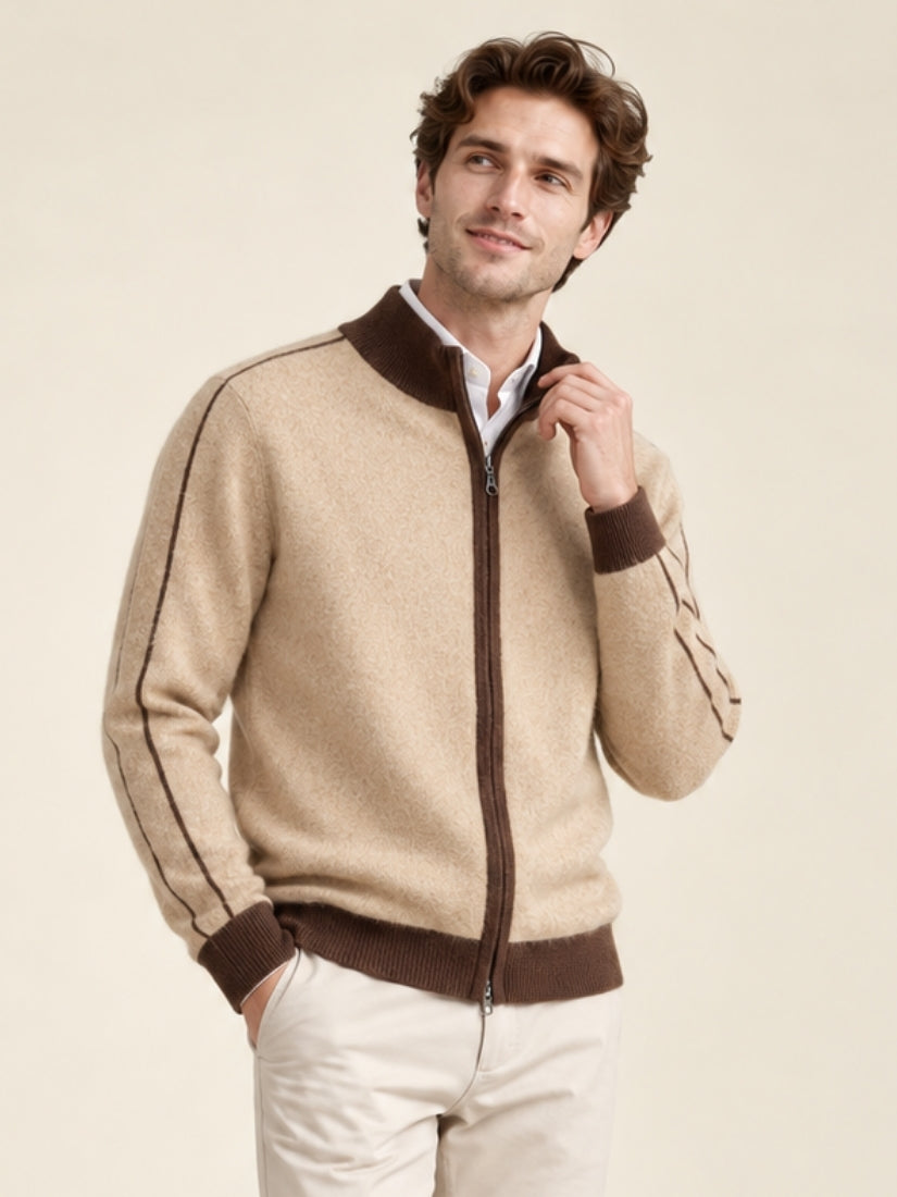 Ronan — Beige Contrast-Trim Zip Cashmere Cardigan | The Cashmere Studio