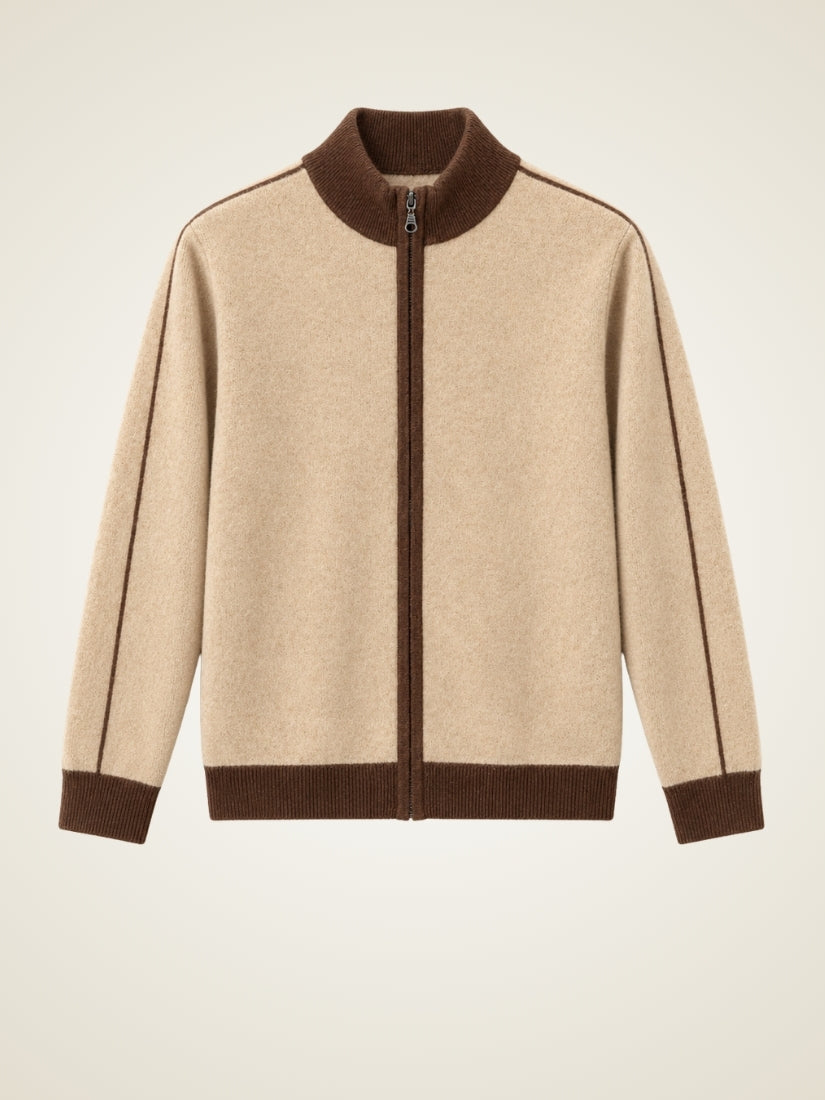 Ronan — Beige Contrast-Trim Zip Cashmere Cardigan | The Cashmere Studio