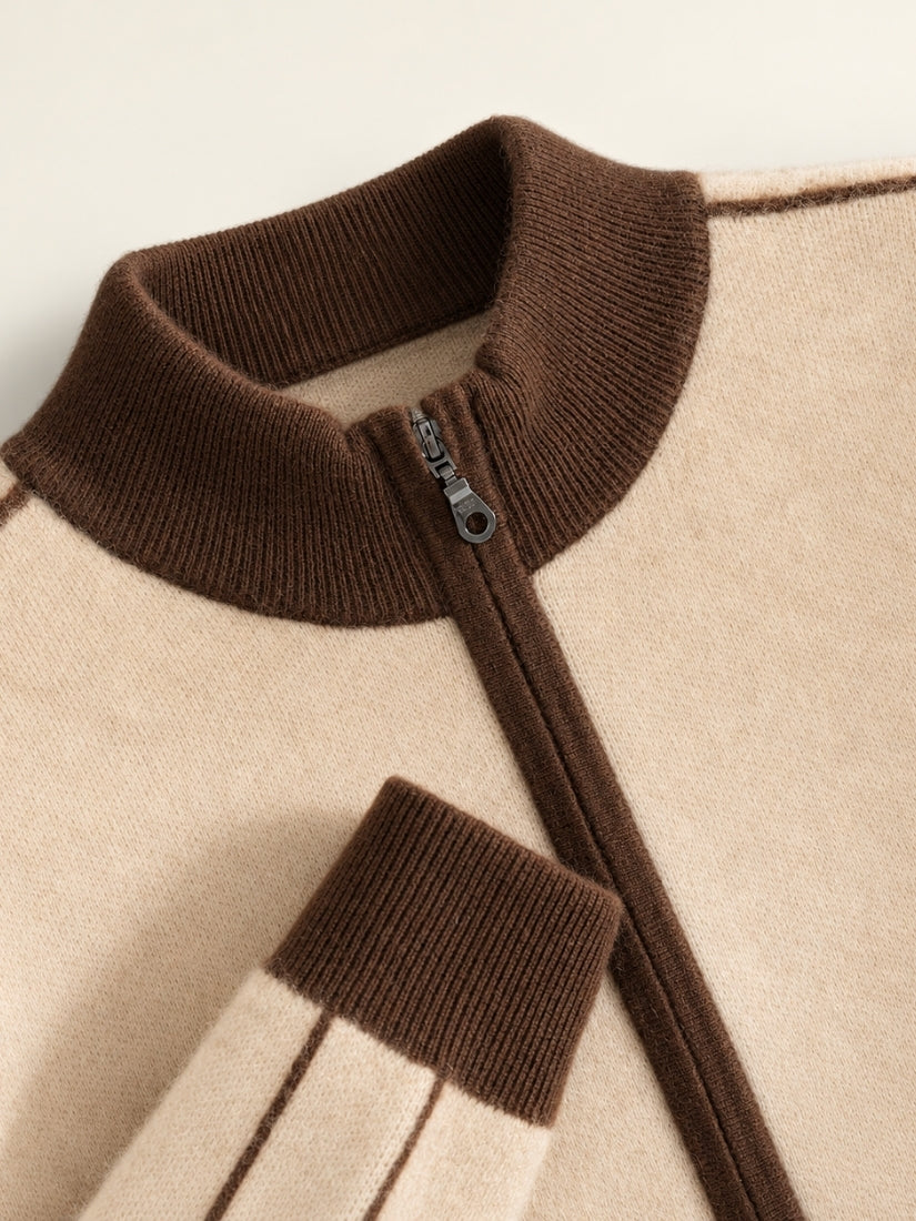 Ronan — Beige Cashmere Cardigan Contrast Trim Detail | The Cashmere Studio