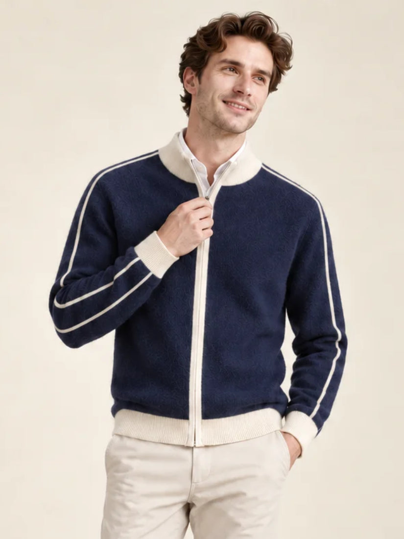 Ronan — Navy Contrast-Trim Zip Cashmere Cardigan | The Cashmere Studio