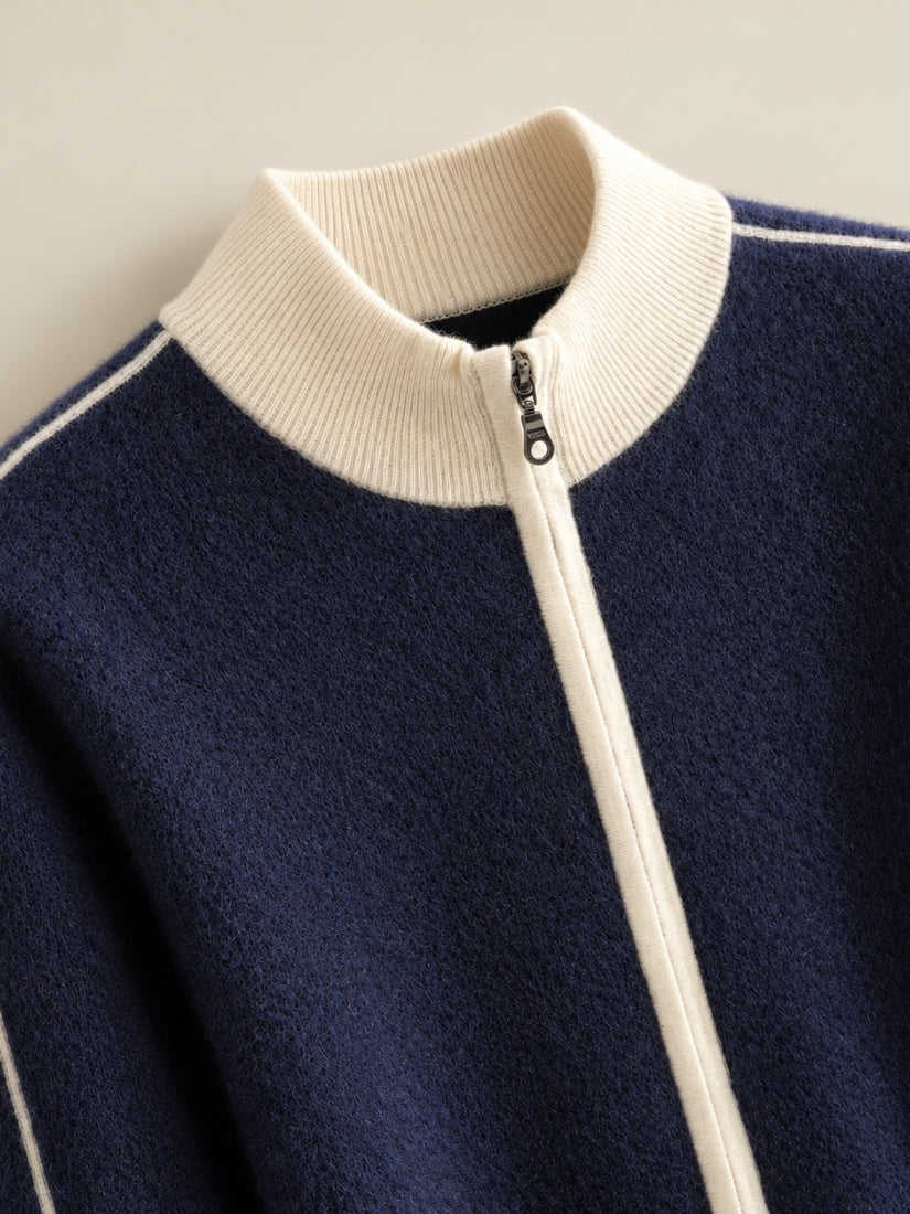 Ronan — Navy Cashmere Cardigan Contrast Trim Detail | The Cashmere Studio