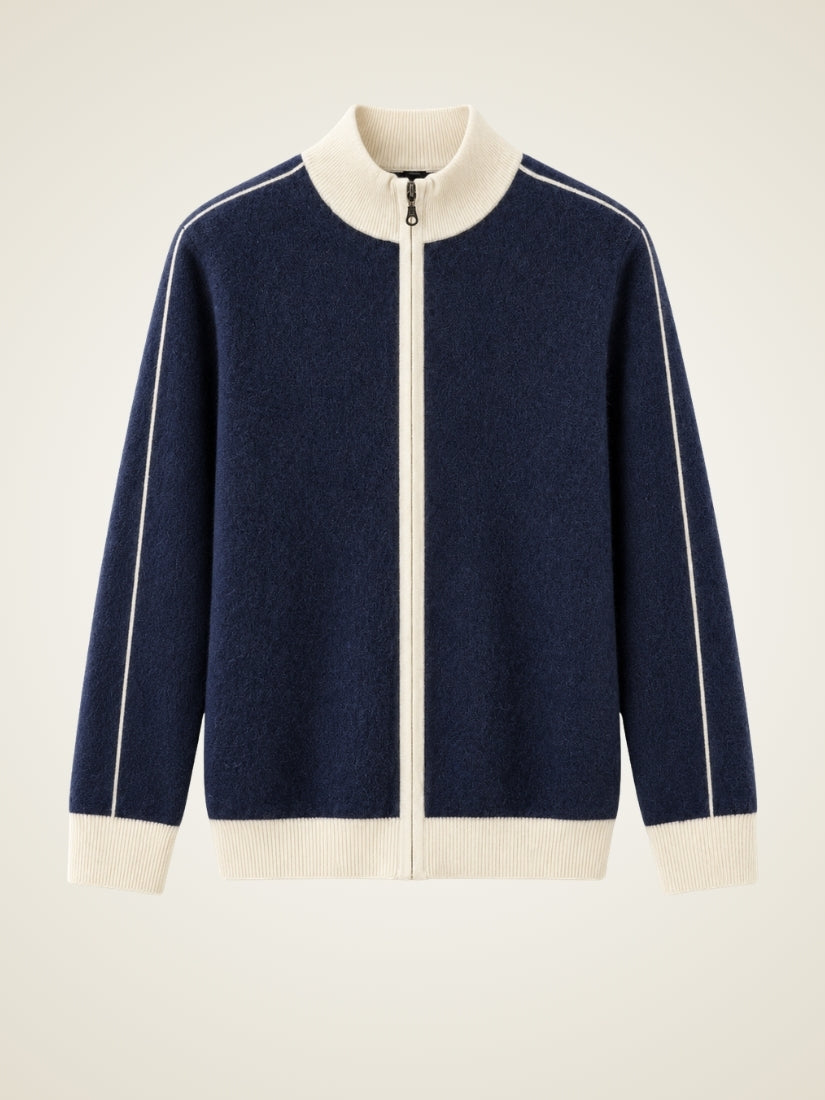 Ronan — Navy Contrast-Trim Zip Cashmere Cardigan | The Cashmere Studio