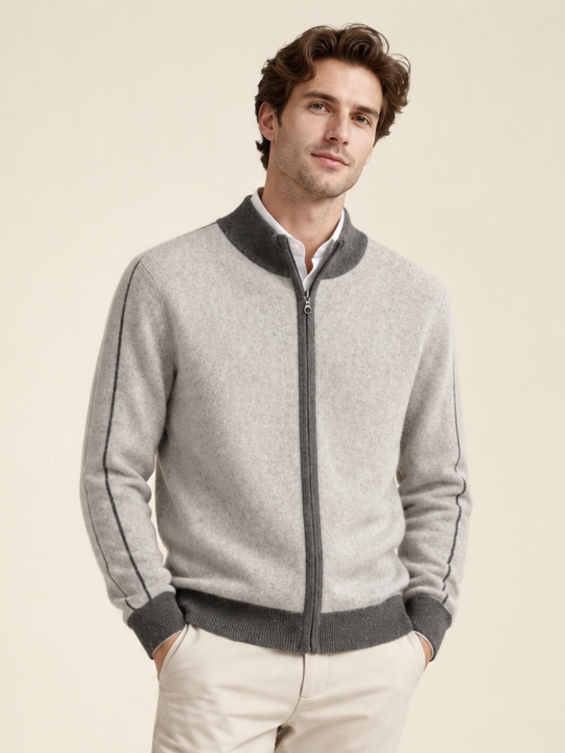 Ronan — Light Gray Contrast-Trim Zip Cashmere Cardigan | The Cashmere Studio