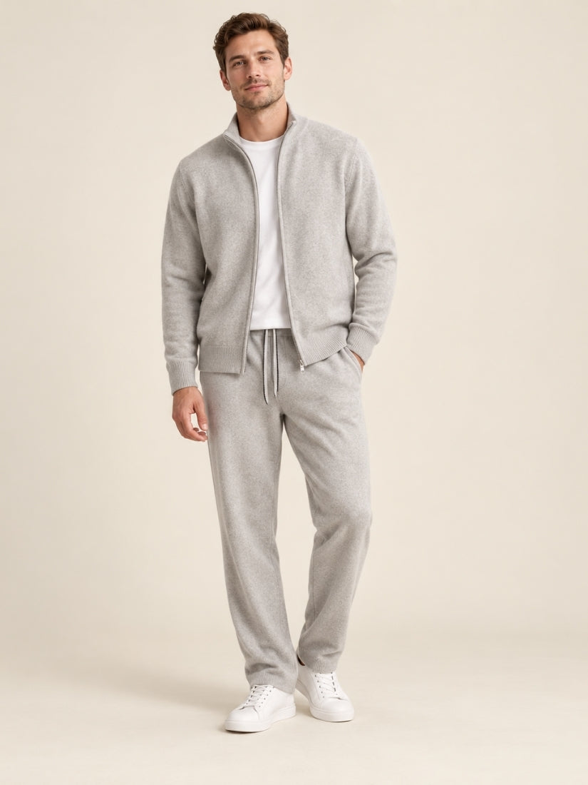 Silian — Light Gray Cashmere Zip-Up Cardigan & Relaxed Pants Set | The Cashmere Studio