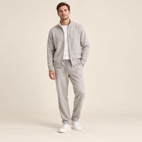 Silian — Light Gray Cashmere Zip-Up Cardigan & Relaxed Pants Set | The Cashmere Studio