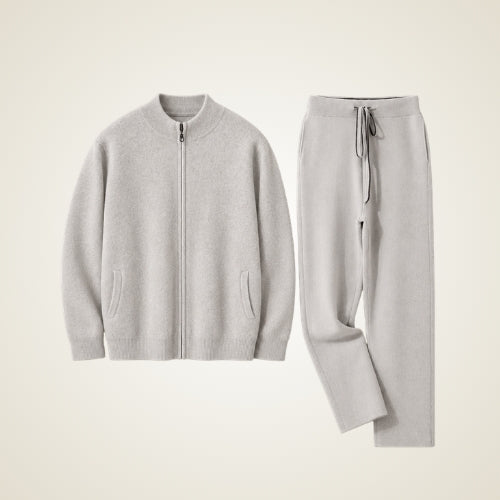 Silian — Light Gray Cashmere Zip-Up Cardigan & Relaxed Pants Set | The Cashmere Studio