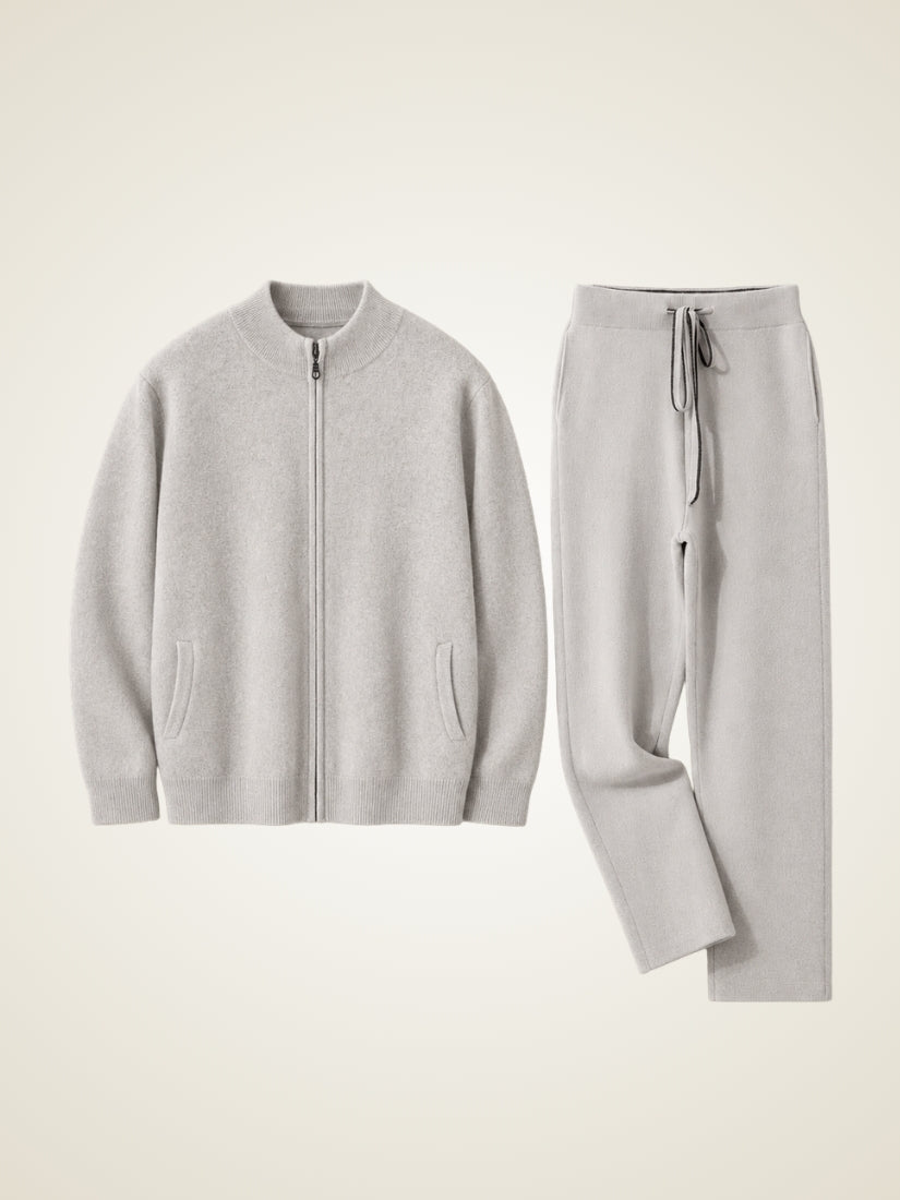 Silian — Light Gray Cashmere Zip-Up Cardigan & Relaxed Pants Set | The Cashmere Studio