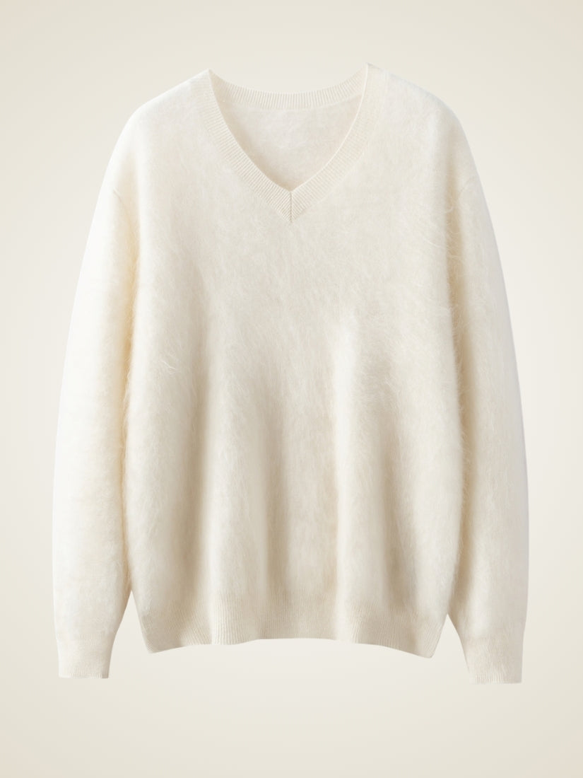 Sylviane — Ivory Brushed V-Neck Cashmere Sweater | The Cashmere Studio