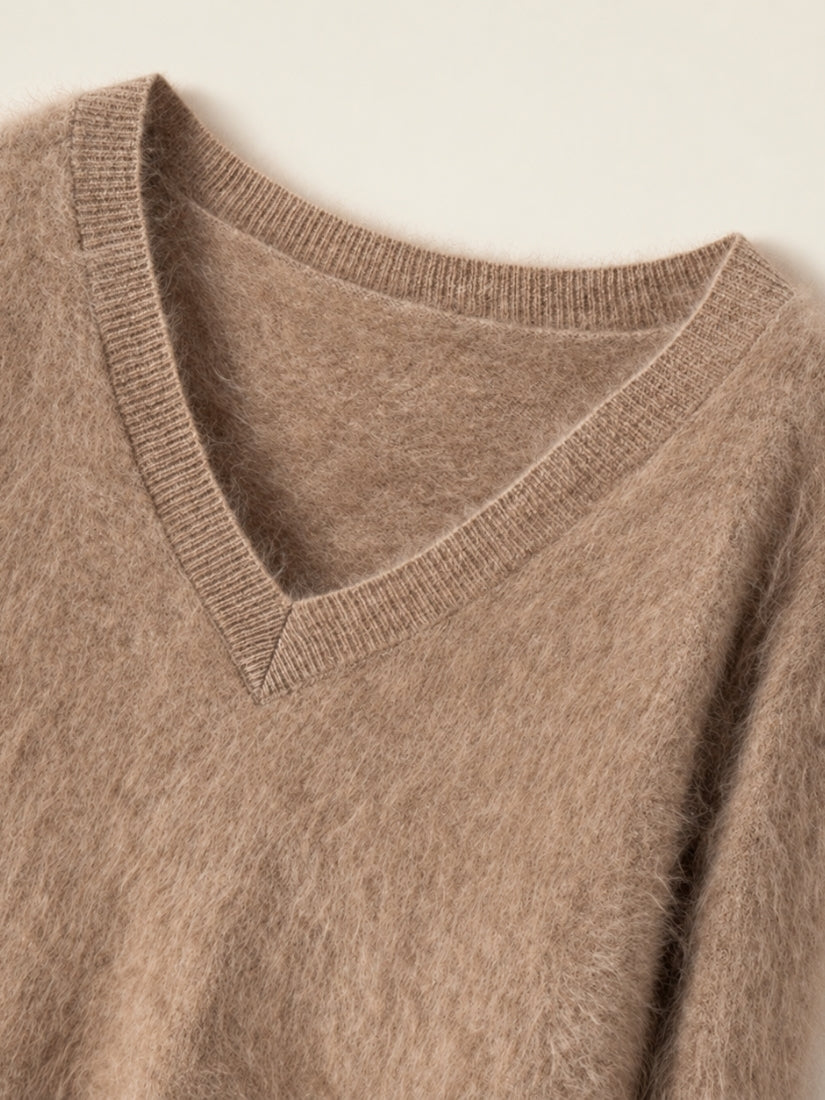 Sylviane — Beige Brushed V-Neck Cashmere Sweater | The Cashmere Studio