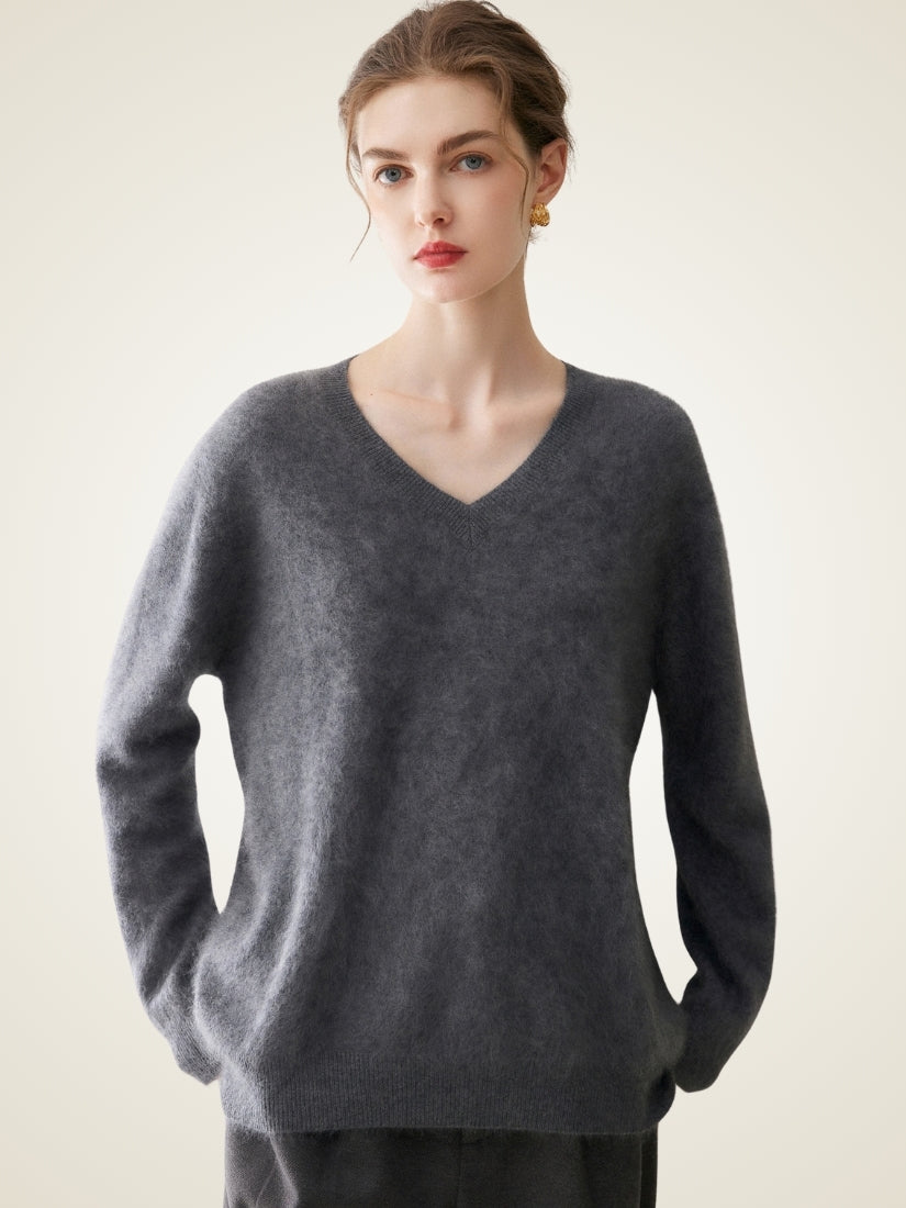 Sylviane — Dark Gray Brushed V-Neck Cashmere Sweater | The Cashmere Studio
