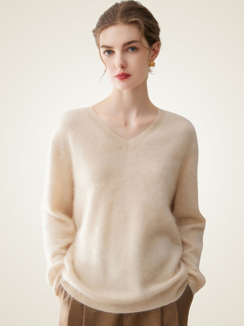 Sylviane — Ivory Brushed V-Neck Cashmere Sweater | The Cashmere Studio