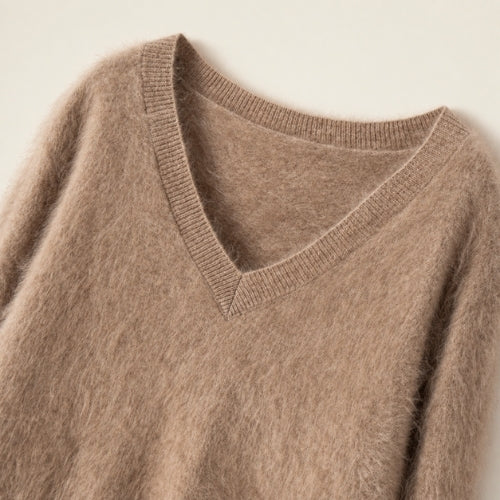 Sylviane — Taupe Brushed V-Neck Cashmere Sweater | The Cashmere Studio