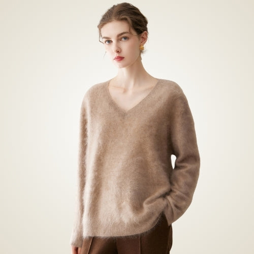 Sylviane — Taupe Brushed V-Neck Cashmere Sweater | The Cashmere Studio
