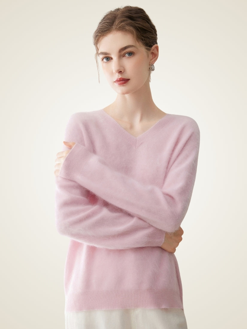 Sylviane — Pink Brushed V-Neck Cashmere Sweater | The Cashmere Studio
