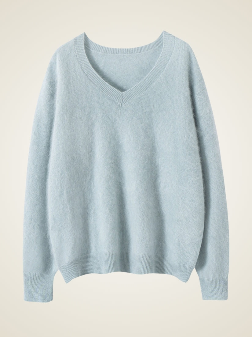 Sylviane — Light Blue Brushed V-Neck Cashmere Sweater | The Cashmere Studio
