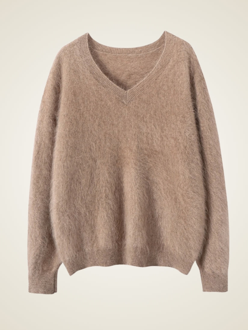 Sylviane — Taupe Brushed V-Neck Cashmere Sweater | The Cashmere Studio