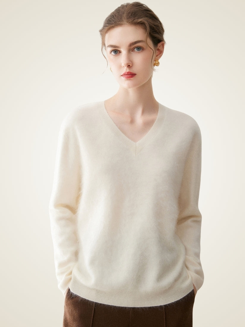 Sylviane — Ivory Brushed V-Neck Cashmere Sweater | The Cashmere Studio