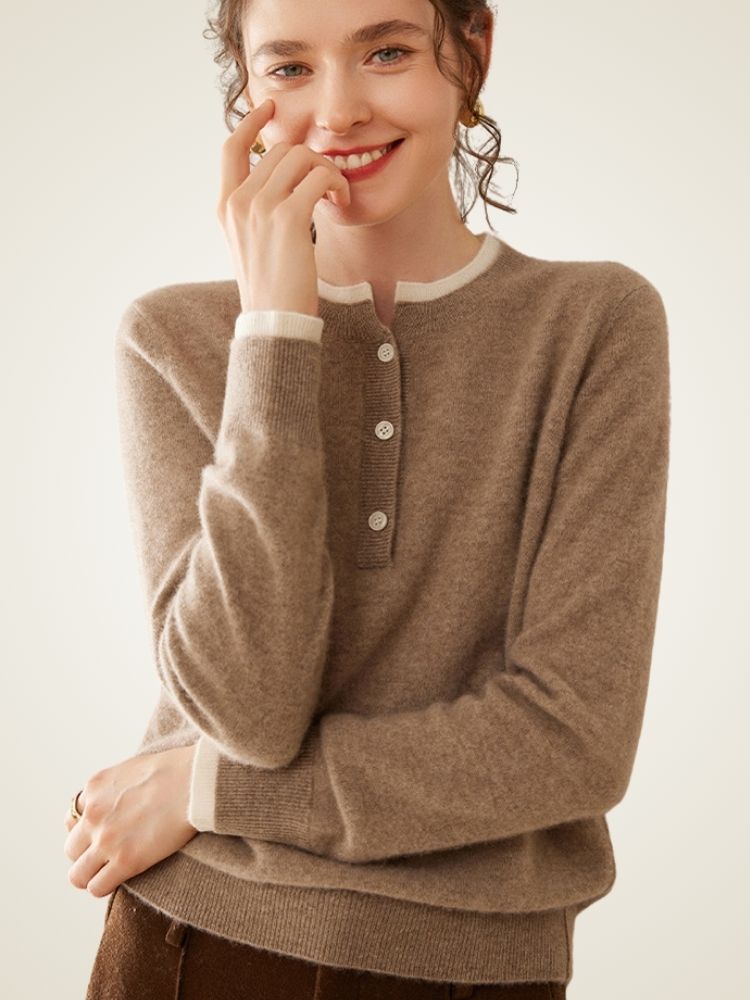 Zephara - Taupe Classic Cashmere Henley Sweater | The Cashmere Studio