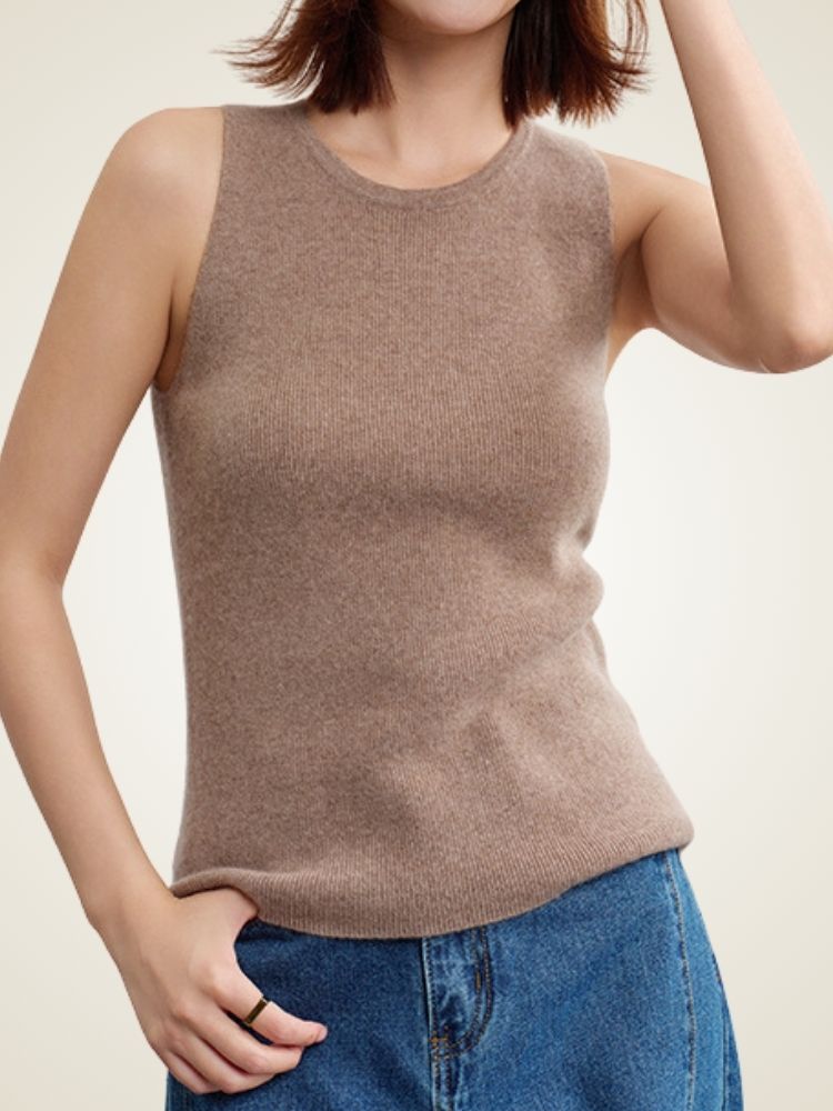 Esia - Taupe Ribbed Cashmere Top | The Cashmere Studio