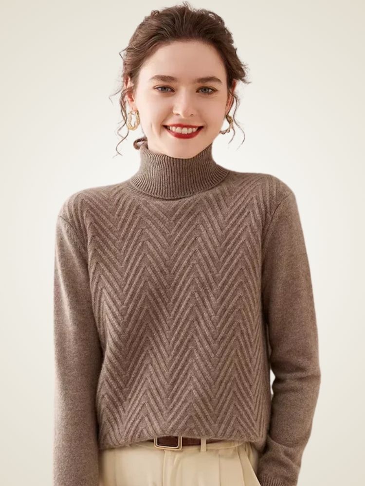 Astrid - Taupe Chevron Cashmere Turtleneck | The Cashmere Studio