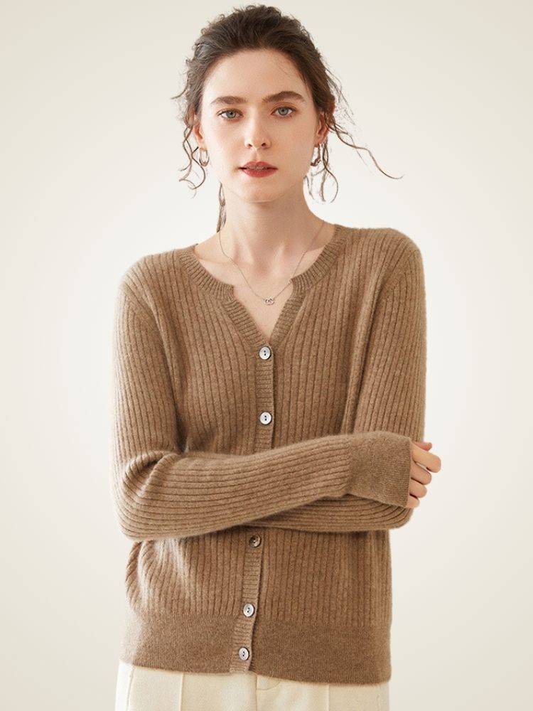 Delphie - Taupe Ribbed Cashmere Cardigan | The Cashmere Studio