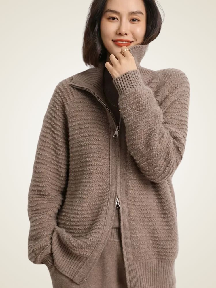 Bailey - Taupe Zip Cashmere Cardigan | The Cashmere Studio