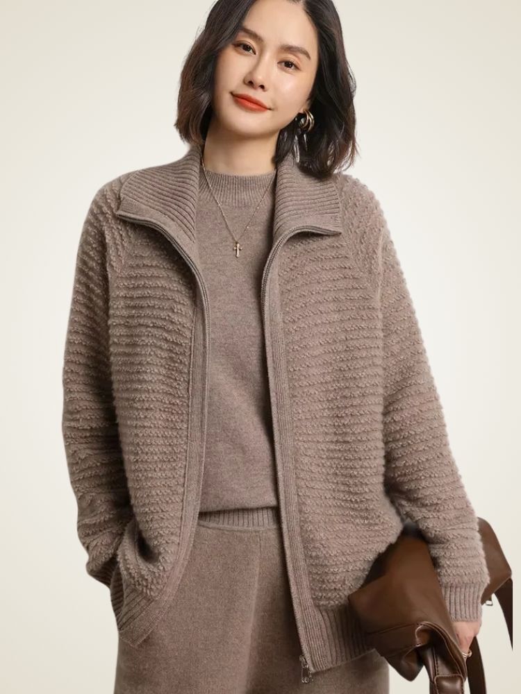 Bailey - Taupe Zip Cashmere Cardigan | The Cashmere Studio