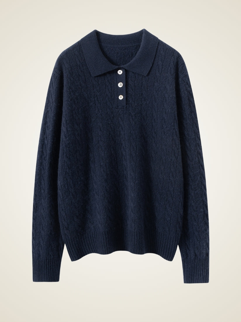 Terelith — Navy Cable-Knit Cashmere Polo Sweater | The Cashmere Studio