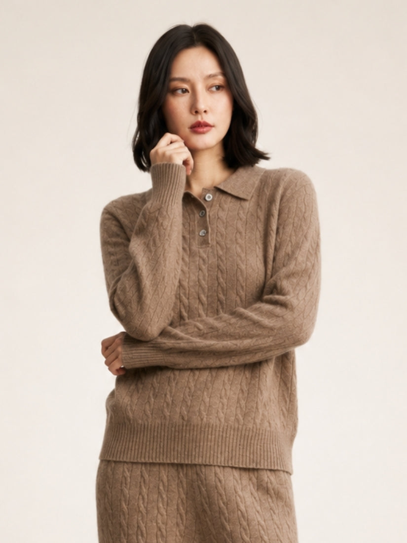 Terelith — Taupe Cable-Knit Cashmere Polo Sweater | The Cashmere Studio