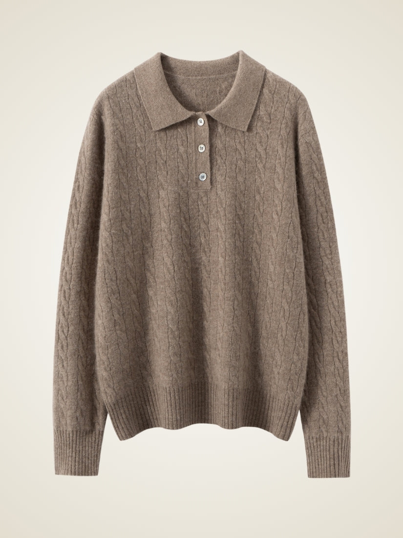 Terelith — Taupe Cable-Knit Cashmere Polo Sweater | The Cashmere Studio