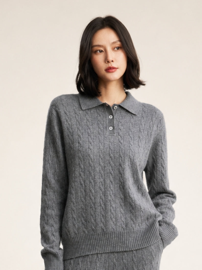 Terelith — Gray Cable-Knit Cashmere Polo Sweater | The Cashmere Studio