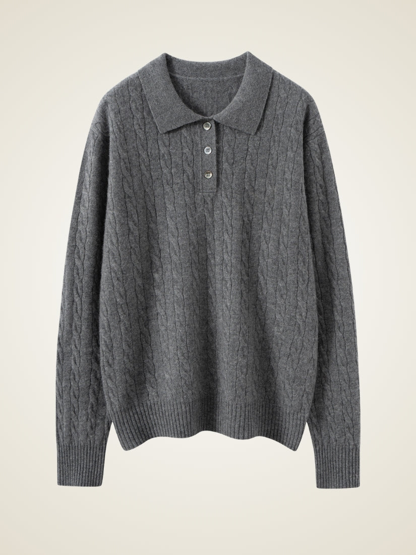 Terelith — Gray Cable-Knit Cashmere Polo Sweater | The Cashmere Studio