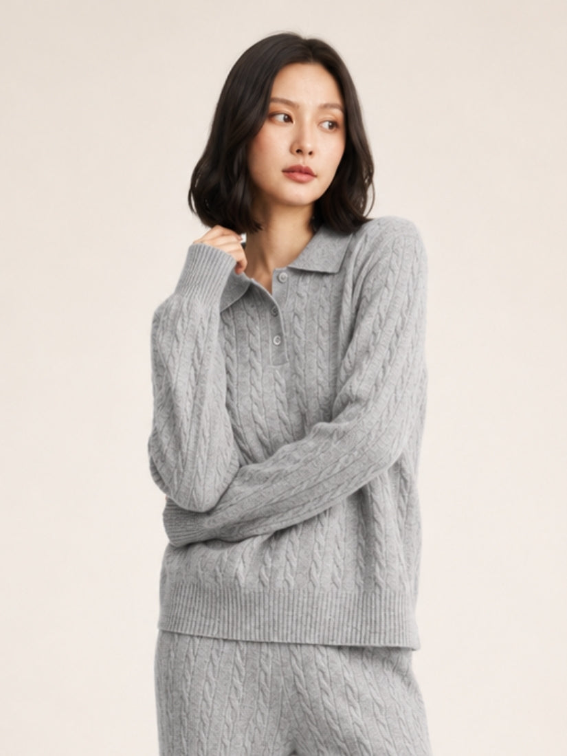 Terelith — Light Gray Cable-Knit Cashmere Polo Sweater | The Cashmere Studio