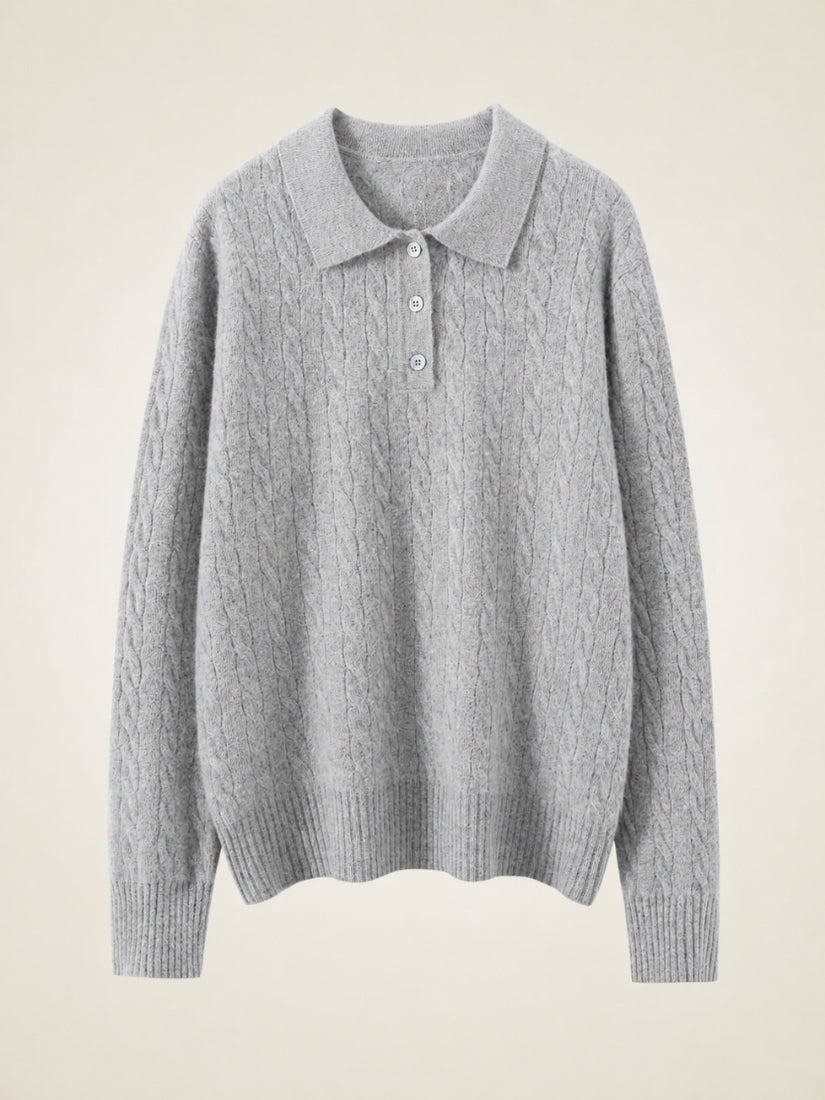 Terelith — Light Gray Cable-Knit Cashmere Polo Sweater | The Cashmere Studio