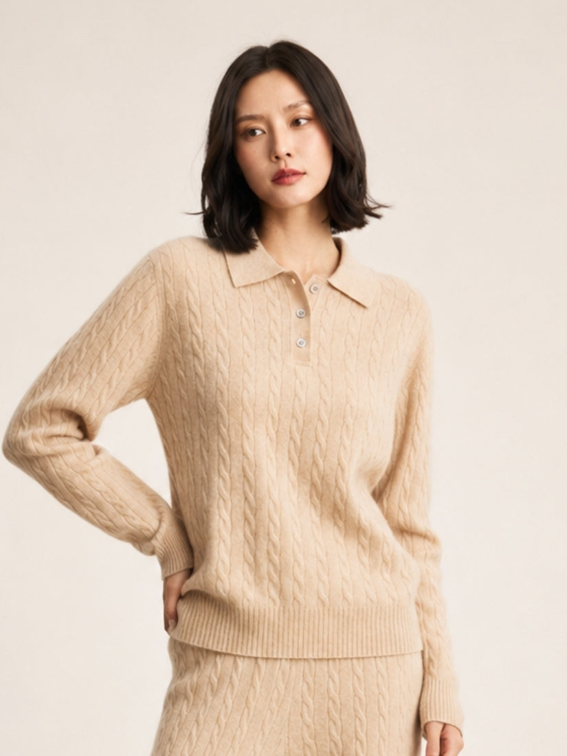 Terelith — Beige Cable-Knit Cashmere Polo Sweater | The Cashmere Studio