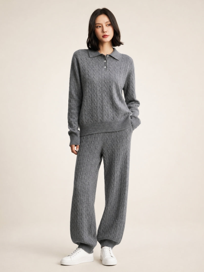Terelith — Gray Cable-Knit Cashmere Polo & Tapered Pants Set | The Cashmere Studio