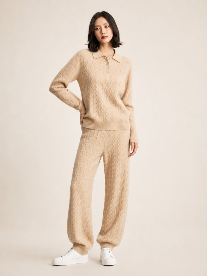 Terelith — Beige Cable-Knit Cashmere Polo & Tapered Pants Set | The Cashmere Studio