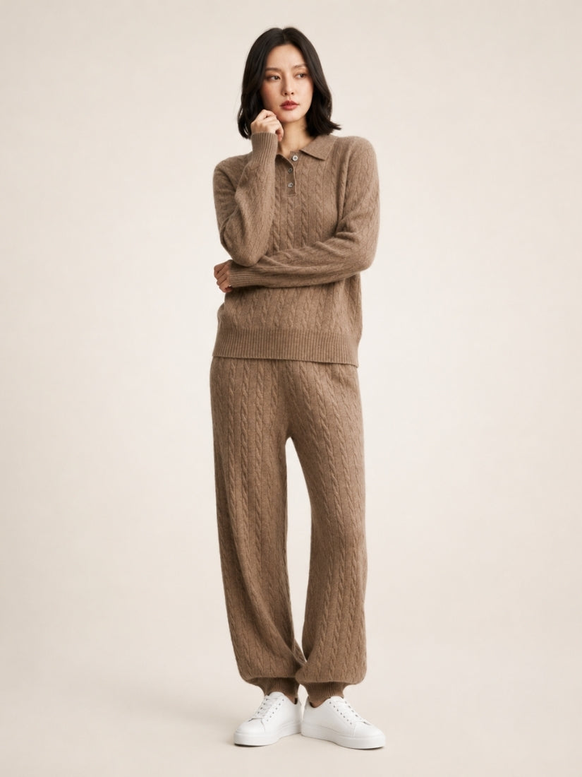 Terelith — Taupe Cable-Knit Cashmere Polo & Tapered Pants Set | The Cashmere Studio