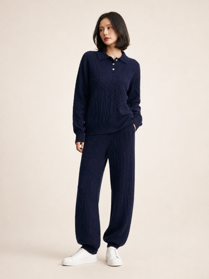 Terelith — Navy Cable-Knit Cashmere Polo & Tapered Pants Set | The Cashmere Studio