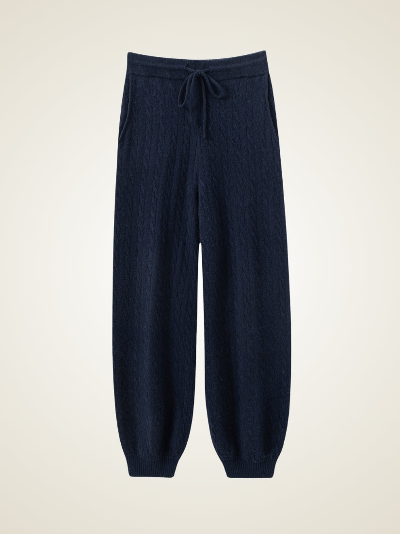 Terelith — Navy Cable-Knit Cashmere Tapered Pants | The Cashmere Studio