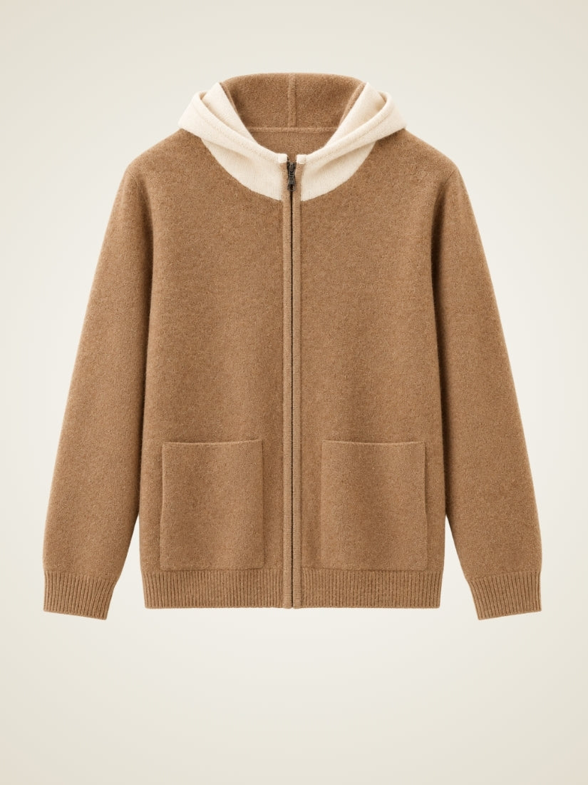 Thelian — Camel Contrast-Hood Zip Cashmere Cardigan | The Cashmere Studio