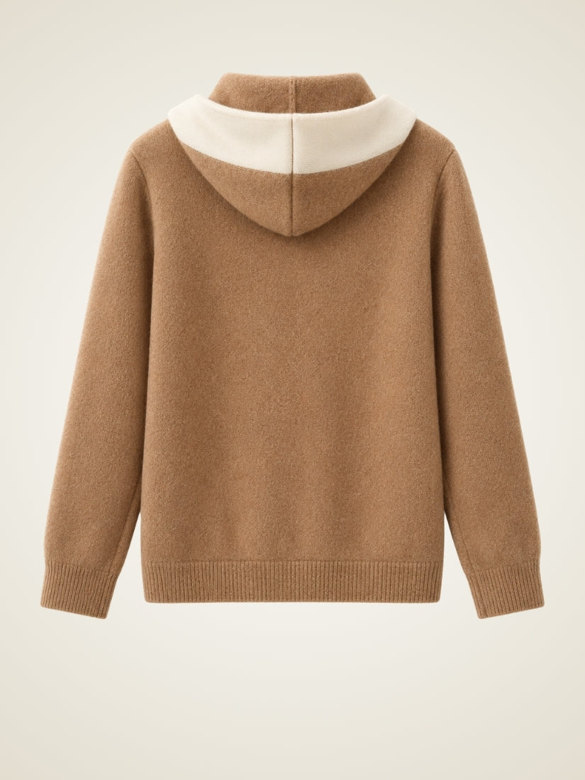Thelian — Camel Contrast-Hood Zip Cashmere Cardigan | The Cashmere Studio